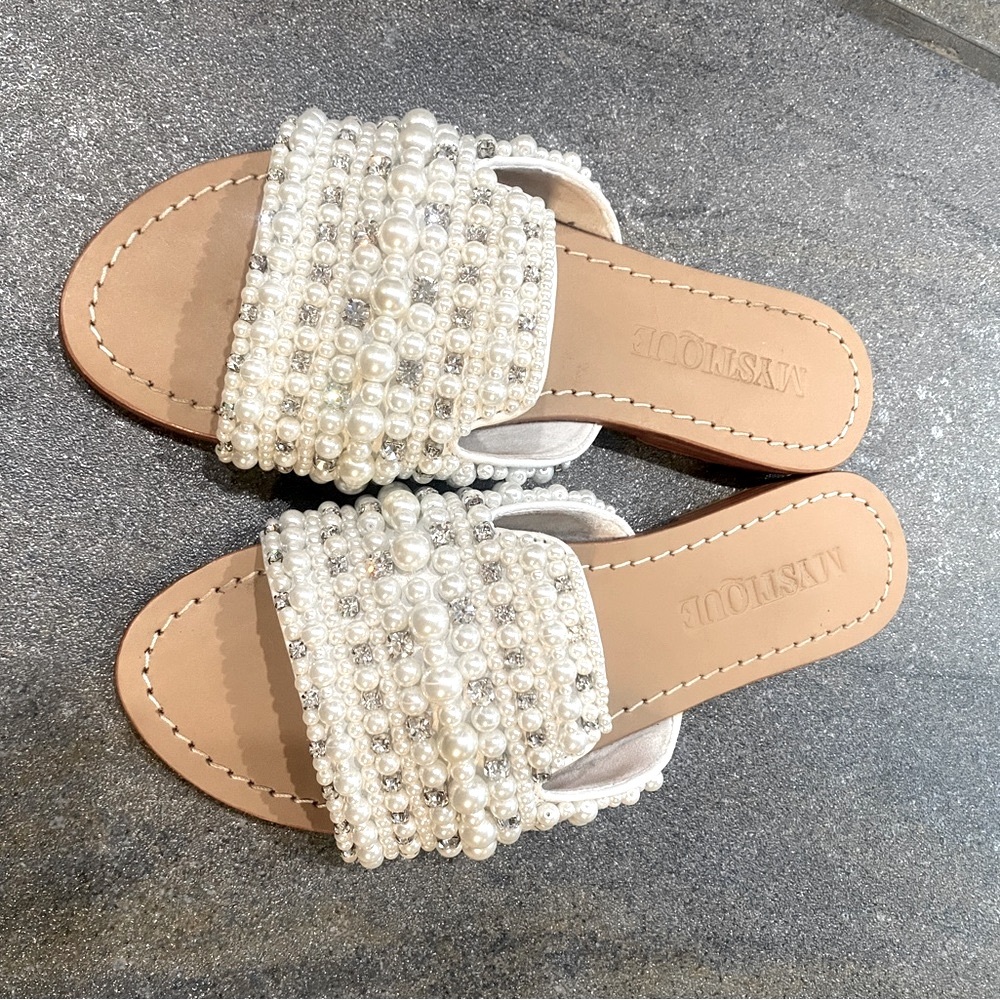 Mystique boutique Pearl and Diamond Embellishment slide on sandals, bridal shoes - Picture 3 of 7